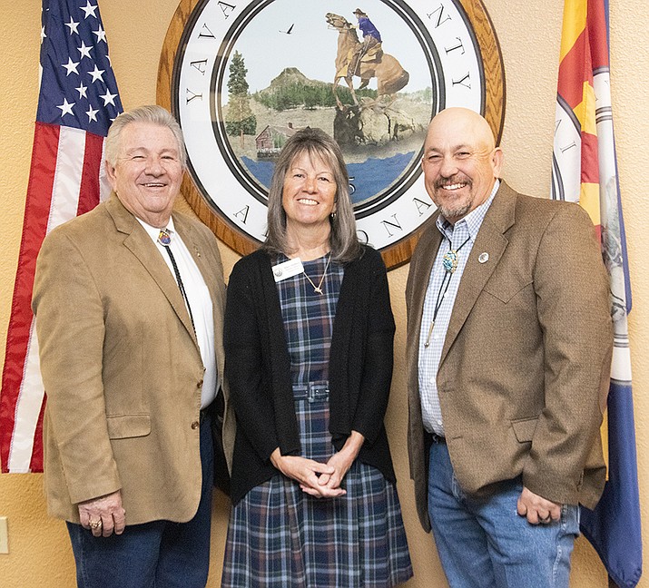 In a unanimous vote on Wednesday, Dec. 1, 2021, the Yavapai County Board of Supervisors chose Supervisor Mary Mallory, center, to serve as chair of the board for the coming year, and Supervisor James Gregory, right, to serve as vice chair. Mallory will replace Supervisor Craig Brown, left, as chairman. (Yavapai County/Courtesy Photo)