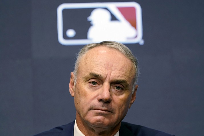 Major League Baseball commissioner Rob Manfred speaks during a news conference in Arlington, Texas, Thursday, Dec. 2, 2021. Owners locked out players at 12:01 a.m. Thursday following the expiration of the sport's five-year collective bargaining agreement. (LM Otero/AP)
