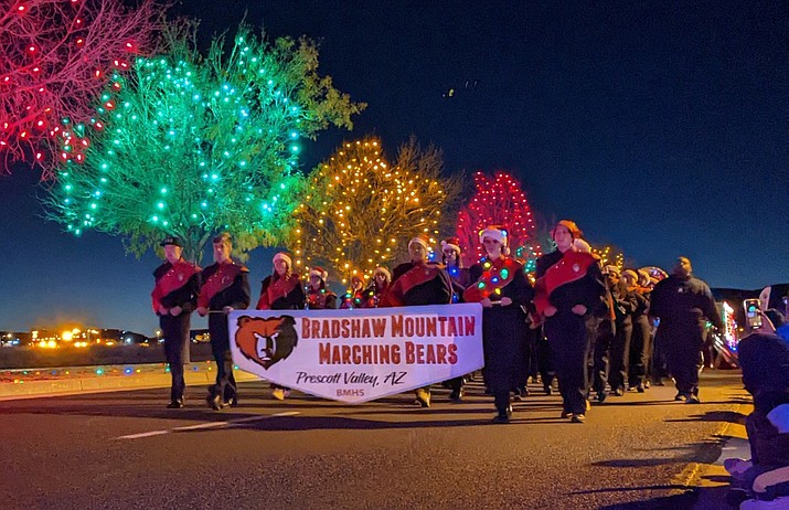 The Bradshaw Mountain High School marching band partakes in the Holiday Festival of Lights Parade on Friday, Dec. 3, 2021, in Prescott Valley. (Town of Prescott Valley/Courtesy)