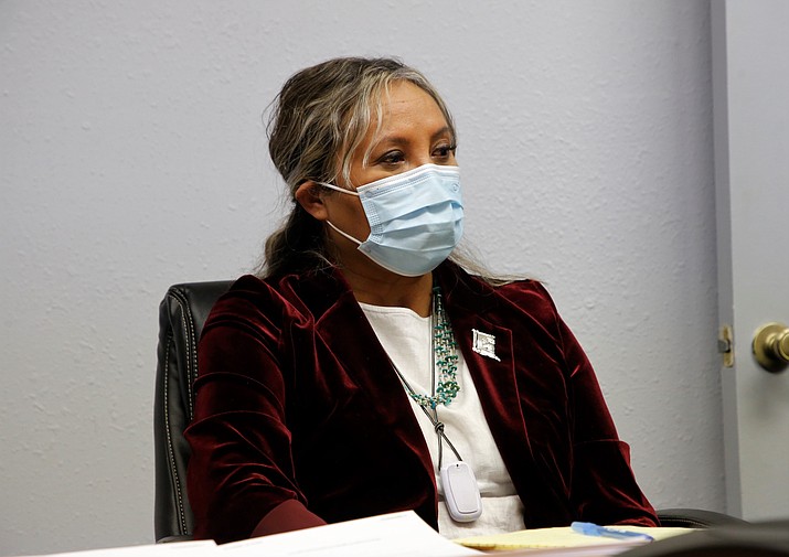 Former Navajo Nation Controller Pearline Kirk attends a news conference in Gallup, New Mexico Dec 2021. That same month, Navajo Nation filed new criminal complaints against Kirk, alleging she misled tribal officials into hiring a company to do rapid COVID-19 testing on the reservation. (Noel Lyn Smith/The Daily Times via AP)