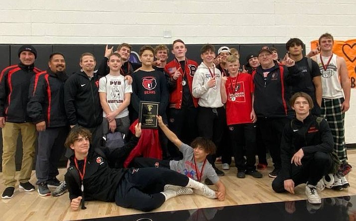 The Bradshaw Mountain wrestling team take a photo with their awards following the 6th Annual Titan Wrestling Invitational held at Arizona College Prep school on the weekend of Saturday, Dec. 11, 2021, in Gilbert. (Richard Nollet/Courtesy)