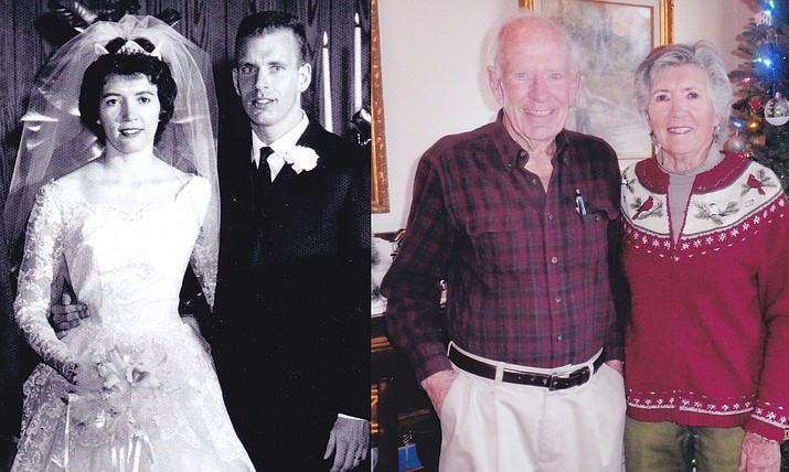 Gus and Sandra Scott will be celebrating their 60th wedding anniversary Dec. 23. The couple were married in 1961 in Manchester, Tennessee, and moved to Prescott in 1970, where Gus practiced medicine until 1997. The couple is shown on their wedding day and now. (Courtesy photos)