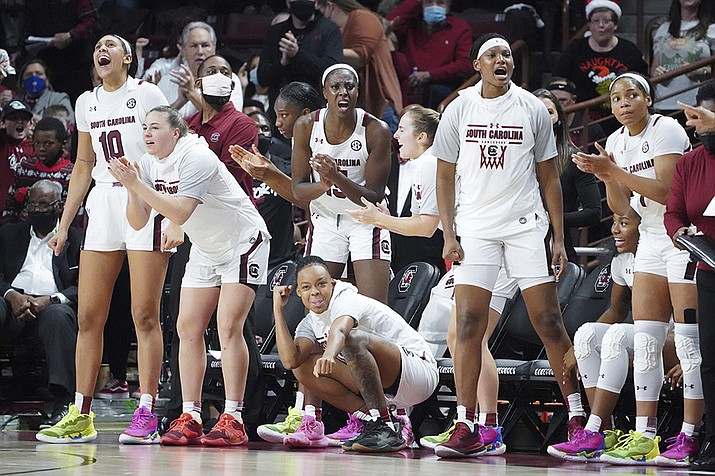 South Carolina players react to a score during the second half of the team's NCAA college basketball game against Stanford on Tuesday, Dec. 21, 2021, in Columbia, S.C. (Sean Rayford/AP)