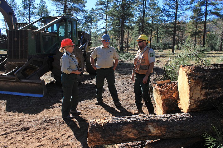 In this 2016 photo, USFS staff discuss a thinning operation on Bill Williams Mountain. Forest thinning operations have now begun on the Clover Project near Williams. (Wendy Howell/WGCN)