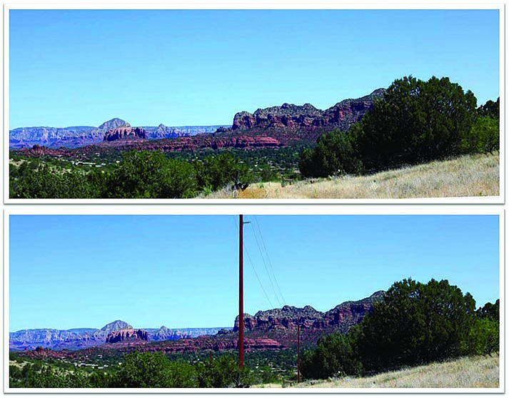 View looking north from the Kel Fox Trail. Top photo shows existing condition, and bottom image shows view with simulated above-ground 69kV powerline, one of two alternatives studied by the USFS. The project depicted in the simulation reflects preliminary siting information. Typical pole height is shown at 65 feet, but may range from 54.5 to 72.5 feet. Final pole placement and height may vary based on final engineering and design. (NOTE: USFS images, for illustrative purposes only.)