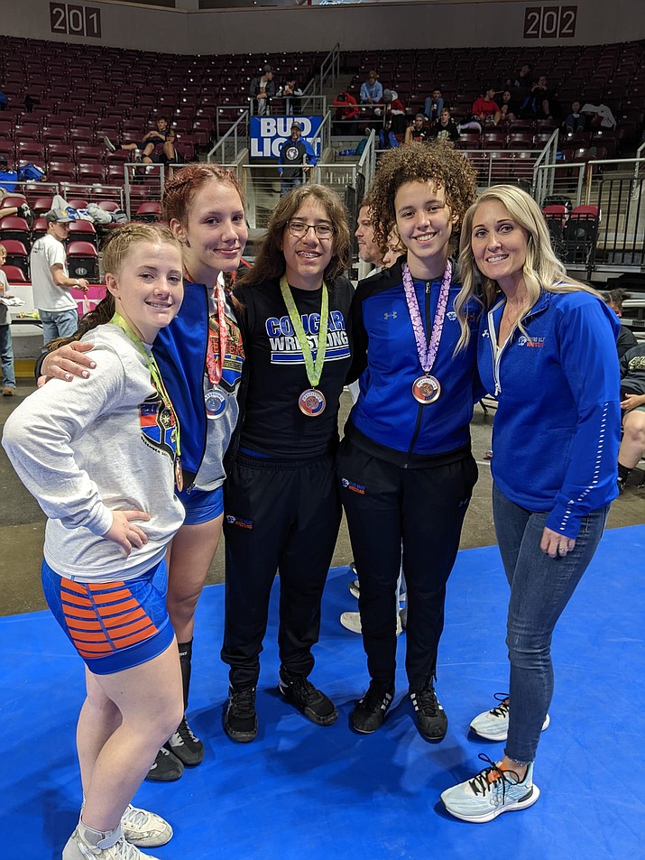 The Chino Valley wrestling team produced solid results during the Mile High Challenge wrestling tournament on Friday, Dec. 31, 2021, and Saturday, Jan. 1, 2022, at the Findlay Toyota Center in Prescott Valley. As a team, the Cougars finished in the middle of pack, placing 13th out of 27 teams with 70 points. On the boys side, Hunter Lane placed sixth, Matt Davis placed second and Dakota McMains also placed second. For the girls, Jade Sanchez placed second, Katie Richards placed fifth, Ali Estala placed fifth and Sophia Kafen Mattos placed sixth. (Chino Valley Cougar Wrestling/Courtesy)