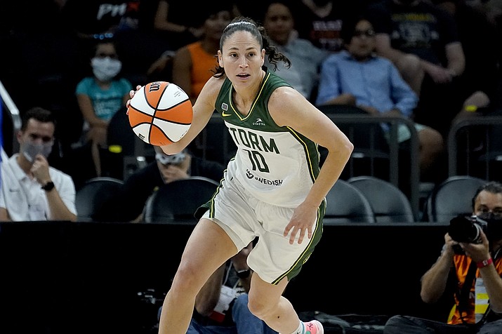 Seattle Storm guard Sue Bird (10) plays during the first half of the Commissioner’s Cup game against the Connecticut Sun, Thursday, Aug. 12, 2021, in Phoenix. Sue Bird announced Friday, Jan. 7, 2021, that she will return to the Seattle Storm next season, putting off retirement for at least one more year. (Matt York/AP, File)