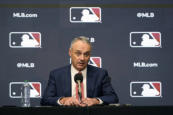 Major League Baseball commissioner Rob Manfred speaks during a news conference in Arlington, Texas, Thursday, Dec. 2, 2021. Major League Baseball and the players’ association are scheduled to meet Thursday, Jan. 13, 2022, in the first negotiations between the parties since labor talks broke off Dec. 1. The planning of the meeting was disclosed to The Associated Press by a person familiar with the negotiations who spoke on condition of anonymity because no announcement was made. (LM Otero/AP, File)