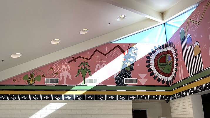 A mural titled 'Hopi Life' can now be seen at the Verde Valley Archaeology Center in Camp Verde, Arizona. The mural conveys important elements of the life of Hopi people and together, the representations share a look into the deeply held values and traditional practices and teachings that bind Hopi culture.  (Photo and artwork courtesy of Duane Koyawena)
