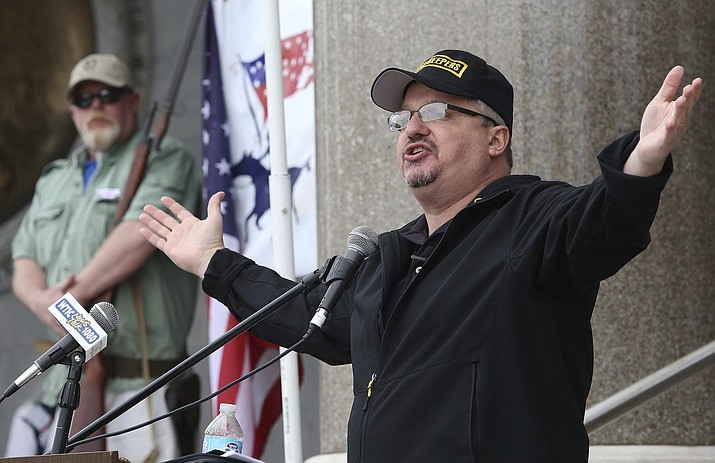 Stewart Rhodes, founder of Oath Keepers, speaks during a gun rights rally at the Connecticut State Capitol in Hartford, Conn., Saturday April 20, 2013. Rhodes has been arrested and charged with seditious conspiracy in the Jan. 6 attack on the U.S. Capitol. The Justice Department announced the charges against Rhodes on Thursday. (Journal Inquirer, Jared Ramsdell/AP, File)