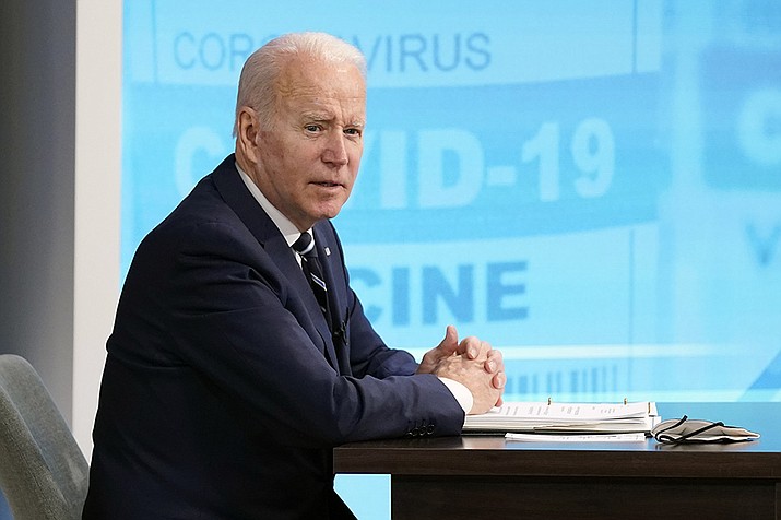 President Joe Biden speaks about the government’s COVID-19 response, in the South Court Auditorium in the Eisenhower Executive Office Building on the White House Campus in Washington, Thursday, Jan. 13, 2022. (Andrew Harnik/AP)