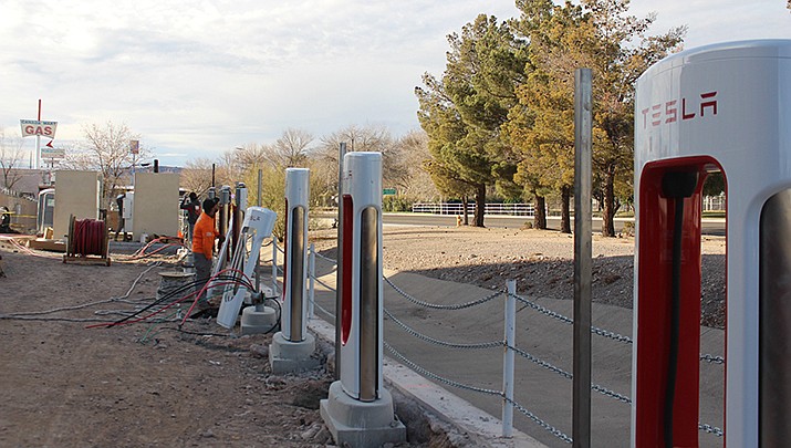 Electric carmaker Tesla, in cooperation with the City of Kingman, has installed electric car charging stations at the Powerhouse Visitor Center. (Photo by MacKenzie Dexter/Kingman Miner)