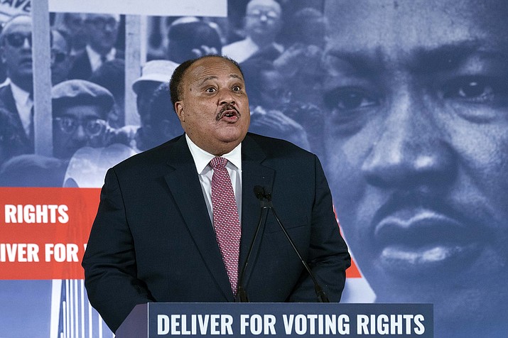 Martin Luther King III, speaks during a news conference in Washington, Monday, Jan. 17, 2022. King’s eldest son criticized Biden and Congress as a whole on Monday for failing to pass voting rights legislation. (Jose Luis Magana/AP)