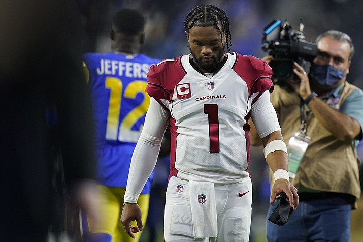 Arizona Cardinals quarterback Kyler Murray (1) walks off the field after the Los Angeles Rams defeated the Cardinals in a wild-card game in Inglewood, Calif., Monday, Jan. 17, 2022. (Jae C. Hong/AP)