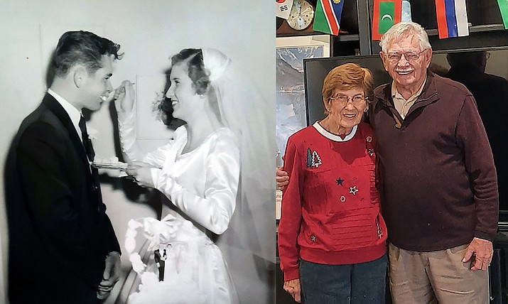 Longtime Prescott residents Ray and Patty Newton celebrated their 65th wedding anniversary when their family planned a late December party at which children, grandchildren and great-grandchildren and families could be present. The couple is shown then and now. (Courtesy photos)
