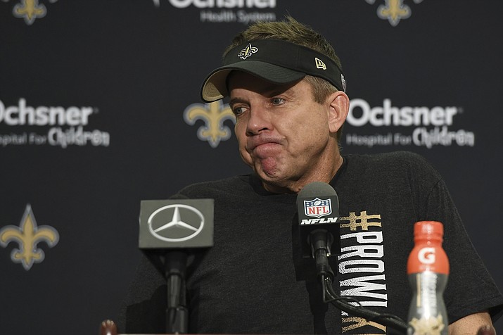 New Orleans Saints head coach Sean Payton speaks after a game against the Carolina Panthers, Sunday, Nov. 24, 2019, in New Orleans. Payton, whose 15-year tenure with the club included its only Super Bowl championship and also a one-season suspension stemming from the NFL’s bounty investigation, intends to retire from coaching. A person familiar with the situation told The Associated Press on Tuesday, Jan. 25, 2022, that the 58-year-old Payton was stepping down. The person spoke on condition of anonymity because the move was not going to be announced until a media availability later in the day.(Bill Feig/AP, File)