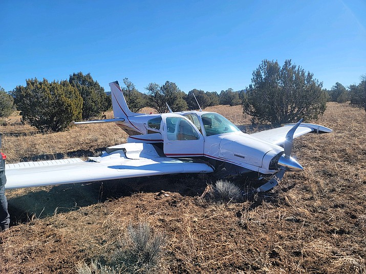 A Beechcraft Bonanza lies in a field north of Williams. The plane crashed shortly after take-off Jan. 26. (Photo/High Country Fire Rescue)