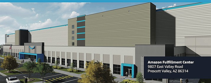 Shown is an artist’s rendering of the new Amazon Fulfillment Center in Prescott Valley, 9807 E. Valley Road, that is expected to open later this year. (Amazon/Courtesy)