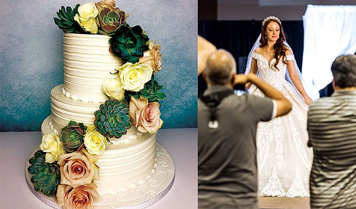LEFT: Since Verde Valley weddings have been back on, the wedding cakes at Laurie Etcheverry’s Take the Cake have been larger to accommodate larger receptions. RIGHT: Arizonans gathered to find vendors for wedding dresses, venues, photographers, caterers and other specialists at the Arizona Wedding Show in January. (Courtesy TTC; Courtesy AWS)