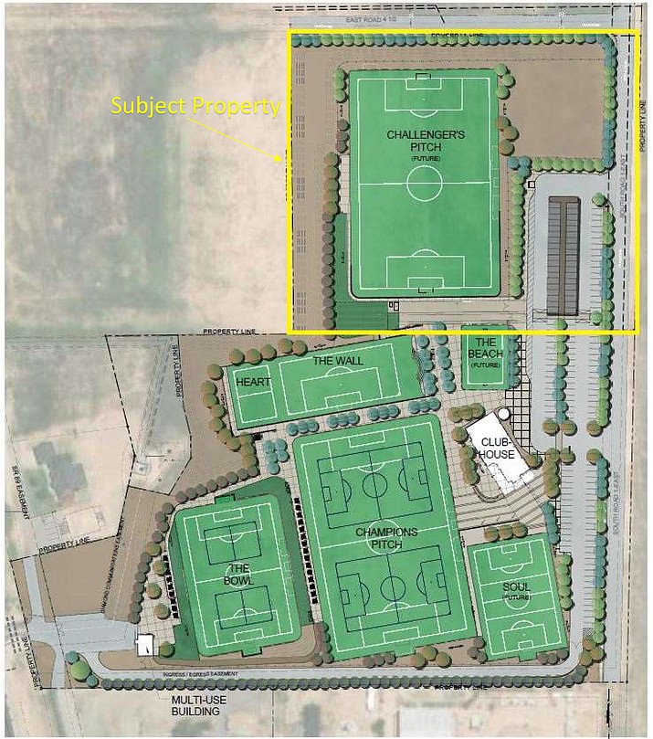 This artist rendering depicts how the potential soccer facility, proposed by O Jogo Bonito FF1, would look on a couple of properties off Highway 89 in Chino Valley. The 6.8-acre property outlined in yellow is subject to a rezone from Commercial Heavy to Commercial Light to better suit the would-be soccer facility. The Chino Valley Planning and Zoning Commission voted unanimously to forward the rezoning item to the Town Council during a meeting on Tuesday, Feb. 1, 2022. (Town of Chino Valley/Courtesy)