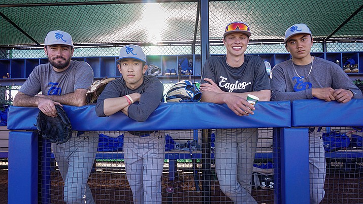 ABOVE: From left to right, Mitchell Mussler, Grant Ikenda, Dayne Pengelly and Tanner Moran of the Embry-Riddle baseball pose for a photo during a practice on Wednesday, Feb. 9, 2022, at the Embry-Riddle baseball field in Prescott. Embry-Riddle instated the baseball program in 2019 and its inaugural season is this year in 2022. (Aaron Valdez/Courier)