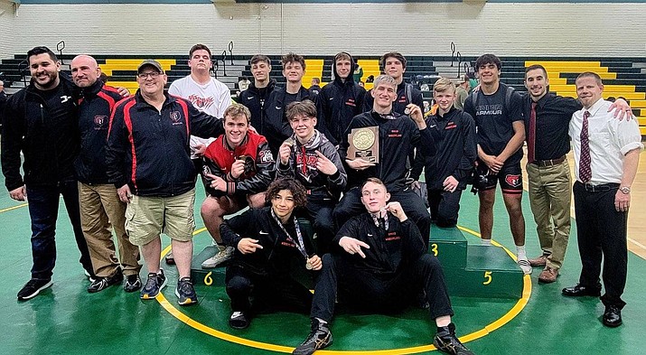 Bradshaw Mountain High School’s wrestling team captured its second straight Division III, Section I championship on Saturday, Feb. 12, at Peoria High School, qualifying the Bears for the D-III state tournament Thursday, Feb. 17, through Saturday, Feb. 19, at Veterans Memorial Coliseum in Phoenix. (Bud Nollet/Courtesy)