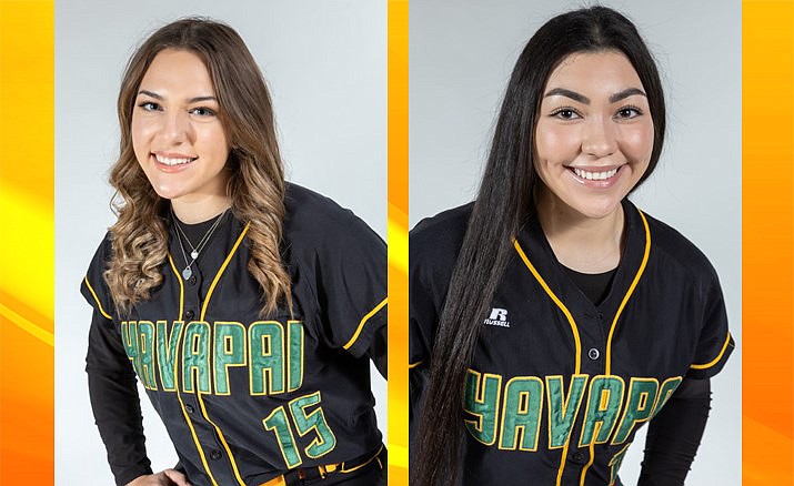Yavapai College softball outfielder Kayla Rodgers, left, and pitcher Emily Dix earned Arizona Community College Athletic Conference (ACCAC) Player of the Week honors after helping lead the Roughriders to four conference wins this past week, the league office announced Monday night, Feb. 14. (Yavapai Athletics/Courtesy)