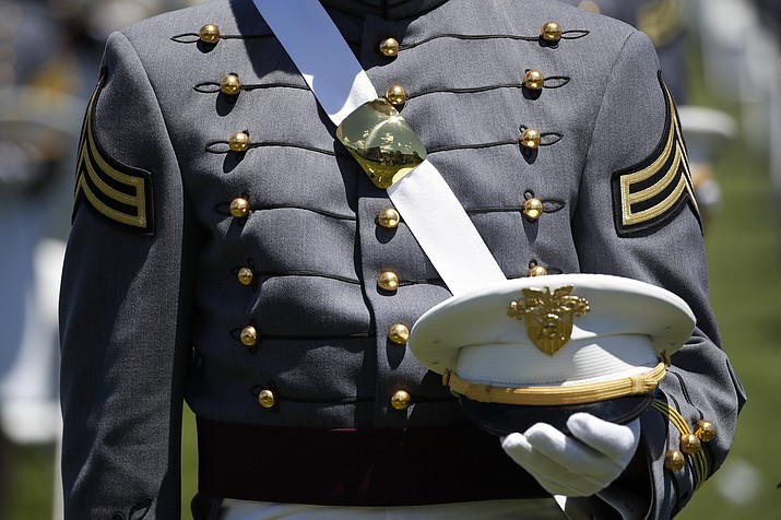 A Cadet listens during a commencement ceremony for the Class of 2020 on the parade field, at the United States Military Academy in West Point, N.Y., June 13, 2020. U.S. officials say reported sexual assaults at the U.S. military academies increased sharply during the 2020-2021 school year, as students returned to in-person classes amid the ongoing pandemic. The increase continues what officials believe is an upward trend at the academies, despite an influx of new sexual assault prevention and treatment programs. (Alex Brandon/AP, File)