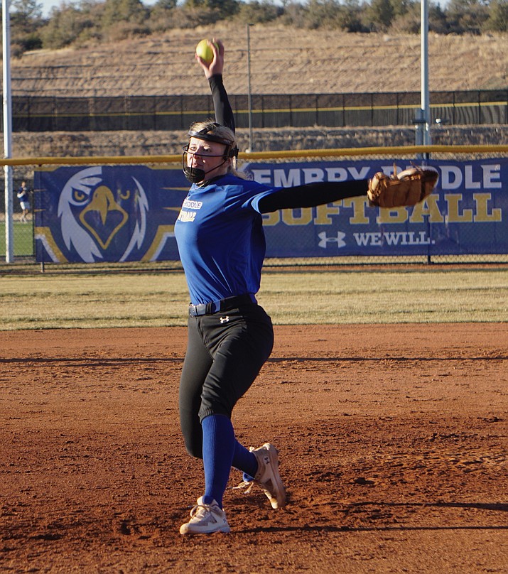 Embry-Riddle pitcher Mikaeli Davidson delivers a pitch during a team practice on Thursday, Feb. 17, 2022, in Prescott. (Aaron Valdez/Courier)