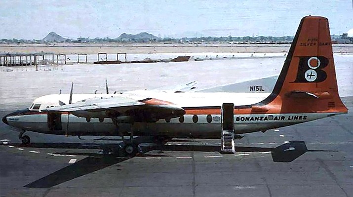 Shown is a Bonanza Air Lines F-27A aircraft at Phoenix Sky Harbor, 1961. (Sharlot Hall Museum Research Center Call #1100.2022.0801) (Ted Miley/Courtesy)