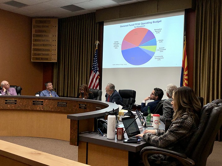 Members of the Prescott City Council listen to a mid-year budget report for the city’s current 2021/2022 fiscal year. The report from Budget and Finance Director Mark Woodfill was a part of the council’s study session on Tuesday, Feb. 22, 2022. (Cindy Barks/Courier)