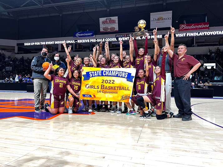 The Rock Point Lady Cougars were named the 2022 1A state champions Feb. 19 at the Toyota Center in Prescott, Arizona. The team beat Fort Thomas 64-43 in the title game. (Photo/OPVP)