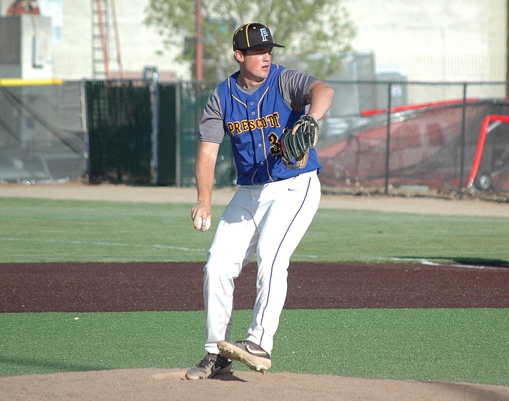 Prescott pitcher Tyson Potts deals a pitch during the Badgers’ April 22, 2021, game at rival Bradshaw Mountain in Prescott Valley. (Doug Cook/Courier, file)