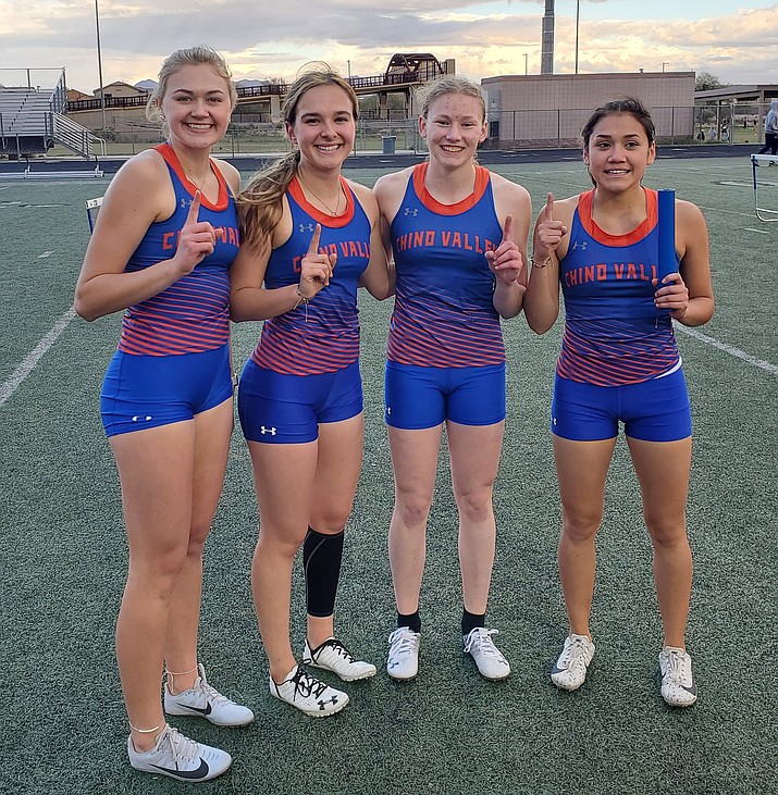 Chino Valley track & field athletes Emily Rudnick, Natalie Banister, Olivia Colasuonno and Jaque Ocampo take a photo together after breaking the school’s 4x100m relay record with a 51.16 time at the Banner Sports Medicine Invitational on Friday, March 4. (Marc Metz/Courtesy)