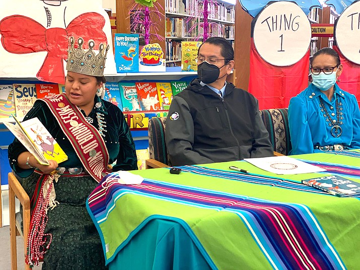 Miss Navajo Nation Niagara Rockbridge joins Navajo President Jonathan Nez and First Lady Phefelia Nez March 2 to promote “Read Across Navajo Nation Month.” (Photo/OPVP)