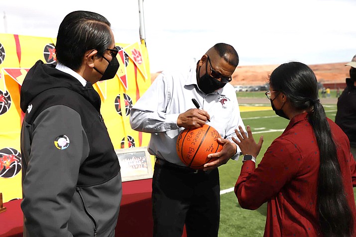 On March 3, Navajo Nation President Jonathan Nez presented Rock Point Head Coach Andrew Reed, Assistant Coaches JoAnn Wilson and Shamiccka Tsosie with the game ball used during the championship game, signed by all of the players. (Photo/OPVP)