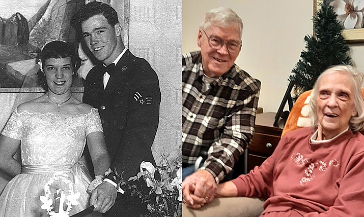April 10, 1952 was a very special day for Miss Peggy Riley and Sgt. John Clark as they started their life’s journey together in an evening wedding ceremony at the 1st Baptist Church in Wellington, Texas. The couple is shown then and now. (Courtesy photos)