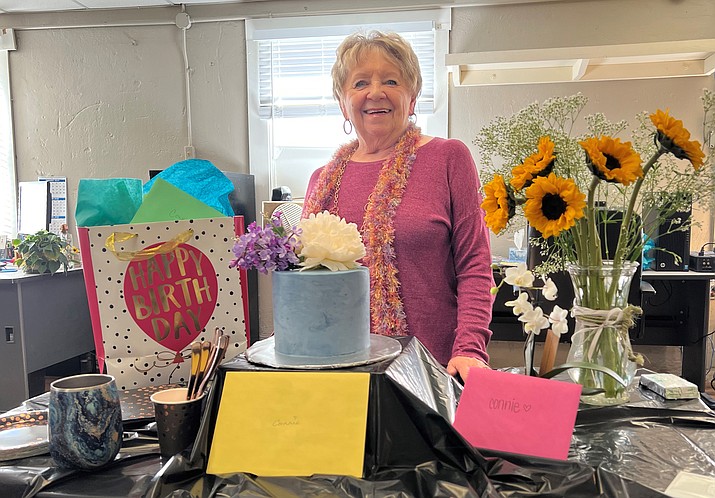 Connie Hiemenz celebrates another birthday with the Williams-Grand Canyon News staff. Hiemenz has worked at the Williams News for 25 years. (Wendy Howell/WGCN)