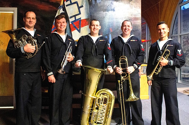 From left: Musician 2nd Class Jeremy Moon, musician 3rd Class Matthew Fitzsimmons, musician 2nd Class Connor Hailey, musician 2nd Class  Ryan Miller and musician 3rd Class Christopher O’Brien of the U.S. Navy Band quintet perform at the South Rim. (Joe Giddens/WGCN)