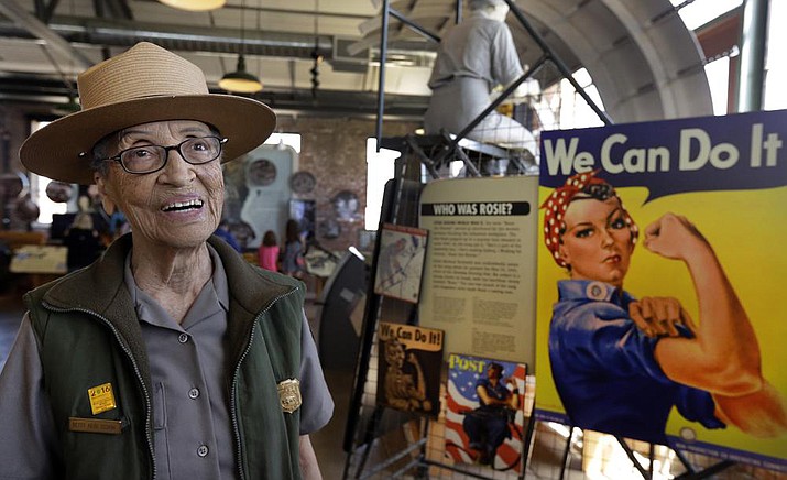 National Park Service Ranger Betty Reid Soskin smiles during an interview at Rosie the Riveter World War II Home Front National Historical Park in Richmond, Calif., July 12, 2016. Soskin, the nation's oldest active park ranger, is hanging up her smokey hat at the age of 100. (Ben Margot/AP, File)