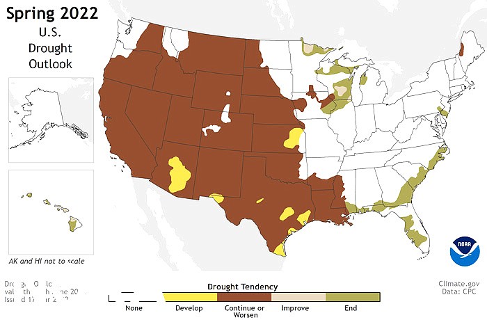 Like much of the country, Arizona faces a better than 50 percent chance that drought conditions will develop or worsen between now and the end of June. (Map/NOAA)