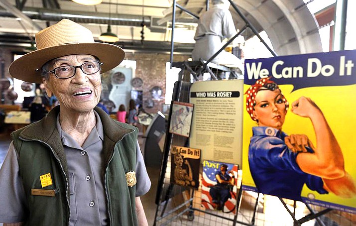 National Park Service Ranger Betty Reid Soskin smiles during an interview at Rosie the Riveter World War II Home Front National Historical Park in Richmond, California in 2016. Soskin, the nation’s oldest active park ranger, is hanging up her smokey hat at the age of 100. She retired March 31 after more than 15 years at the park. (AP Photo/Ben Margot, File)