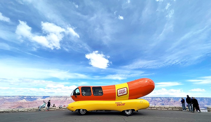 The Oscar Mayer Wienermobile visited Grand Canyon National Park’s South Rim, pausing to take in the views at Hopi Point March 31. (Photo courtesy of Paige Snyder)