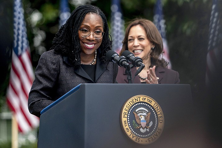 Vice President Kamala Harris applauds Judge Ketanji Brown Jackson as Jackson speaks during an event on the South Lawn of the White House in Washington, April 8, celebrating the confirmation of Jackson as the first Black woman to reach the Supreme Court. (AP Photo/Andrew Harnik)