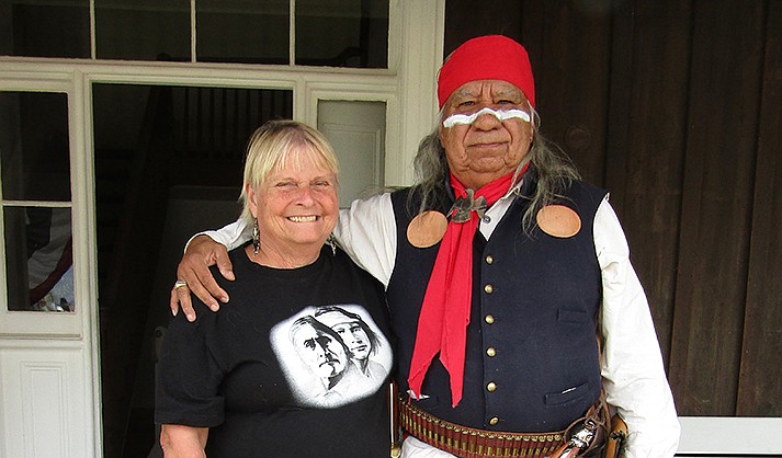 Eileen “Ishebomb” Martin poses with her husband Jerry Geronimo Martin at Fort Verde State Historic Park. Eileen says she is “almost done” writing a historical novel in which she includes stories told to her by her husband’s grandmother, Lena-Tu-Ha. (The Verde Independent/Lo Frisby)