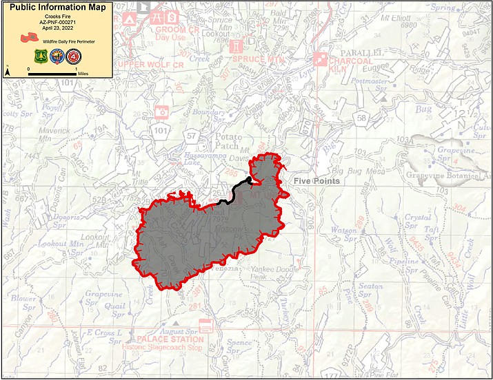 The Crooks fire, located 10 miles south of Prescott-Bradshaw Ranger District (T12N, R2W, SEC 12) near Mt. Union, only grew to 2,804 acres and is now 5% contained, the Prescott National Forest announced on Saturday morning, April 23, 2022. (Prescott National Forest/Courtesy)