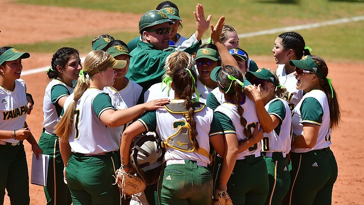Yavapai softball celebrates winning the ACCAC championship after defeating Central Arizona in the first game of their two-game series on Saturday, April 30, 2022, at Bill Vallely Field in Prescott. (Yavapai Athletics/Courtesy)