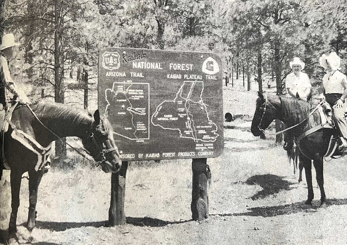 Members of the Arizona State Horseman’s Association prepare for the inaugural trip on the Kaibab Plateau Trail in northern Arizona in 1988. The sign marking the trailhead for the first section of the 800-mile Arizona Trail is now on display at the U.S. Forest Service Visitor Center at Jacob Lake, Arizona. (Photo/Williams-Grand Canyon News)
