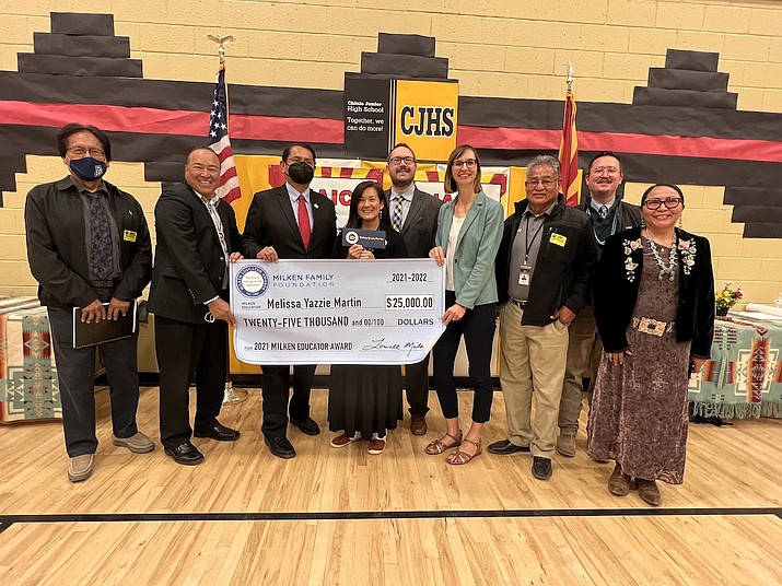 The Milken Family Foundation surprised Chinle Junior High School Principal Melissa Martin with the $25K Milken Educator Award April 25 in Chinle, Arizona. (Photo/OPVP)