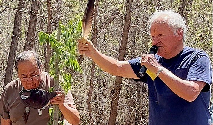 Don Decker, an elder of the Yavapai-Apache Nation, blesses a soon-to-be planted willow tree, while Jimmy, a member of the Sierra Nevada tribe held the tree during the ceremony. (Submitted)